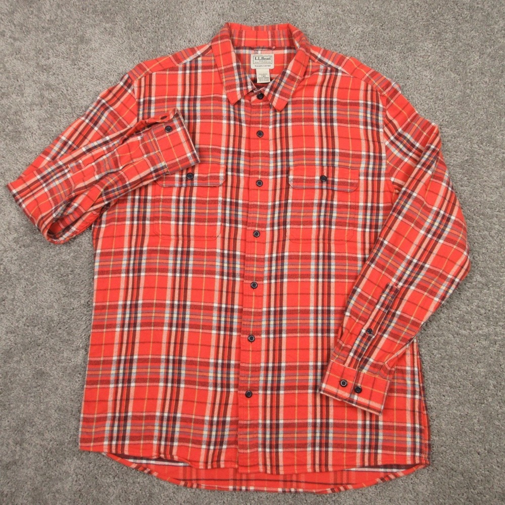 LL Bean Shirt Mens Large Orange Plaid Twill Flannel Organic Workwear Button Up